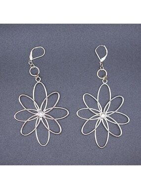 Silver Tone Flower Drop Earrings With Crystal Center 3 Inches Long Leverback Clo